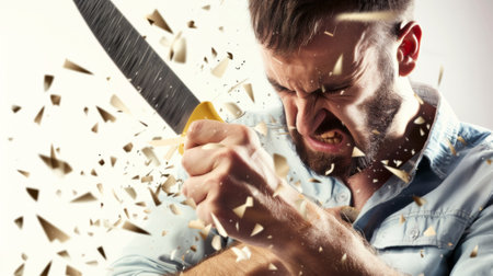 A man holding a knife with his hand being cut by the blade, AIの素材