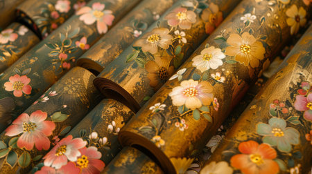 A bunch of rolls of paper with flowers on them, AIの素材