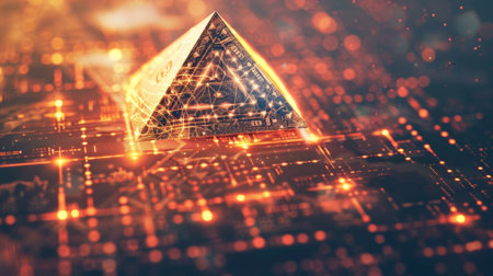 A pyramid on top of a circuit board with lights, AIの素材