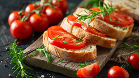 A close up of a sandwich with tomatoes and herbs on it, AIの素材