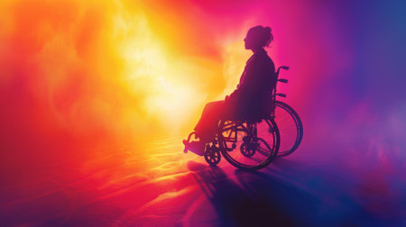 A silhouette of a woman in wheel chair with colorful background, AIの素材
