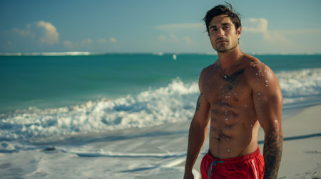 A man in red swim trunks standing on the beach, AIの素材