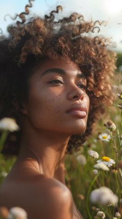 A woman with curly hair standing in a field of flowers, AIの素材