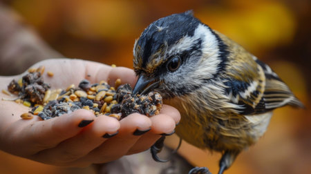 A bird is eating seeds from a persons hand, AIの素材