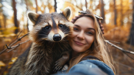 A woman taking a picture of herself with her pet raccoon, AIの素材