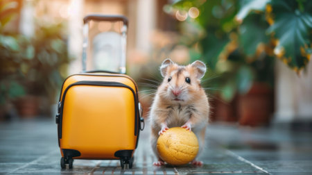 A hamster with yellow ball next to a suitcase on tile, AIの素材