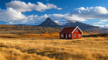 A red house in a field with mountains behind it, AIの素材