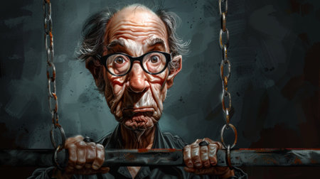 A cartoon of a man with glasses and an old face is chained to the bars, AIの素材