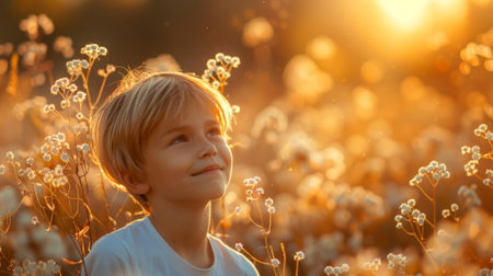 A young boy in a field of flowers smiling at the camera, AIの素材