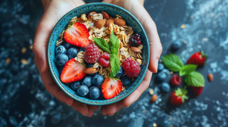 A person holding a bowl of berries, nuts and granola, AIの素材