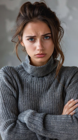 A woman in a gray sweater with her arms crossed, AIの素材