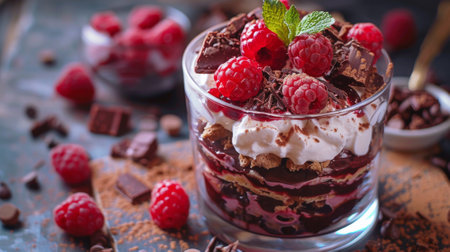 A dessert with raspberries, chocolate and whipped cream in a glass, AIの素材