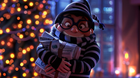 A cartoon character dressed in a striped shirt and glasses holding money, AIの素材