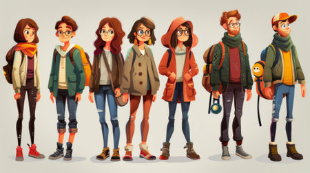 A group of cartoon characters with different clothing and accessories, AIの素材