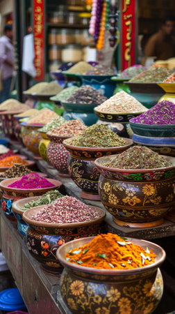 A display of a variety of bowls filled with different colored spices, AIの素材