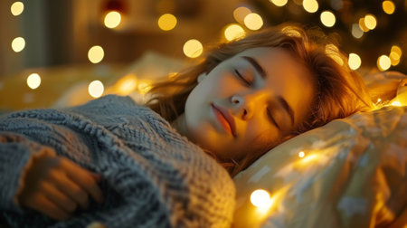 A young girl sleeping in a bed with lights around her, AIの素材