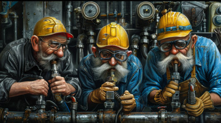 A painting of three men with hard hats and yellow safety vests, AIの素材