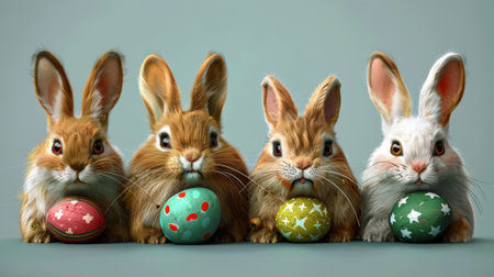 A group of four bunnies with easter eggs in their mouths, AIの素材