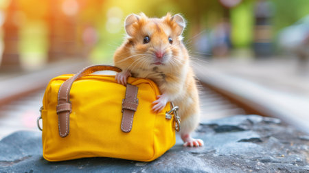A hamster with yellow bag on a rock near train tracks, AIの素材