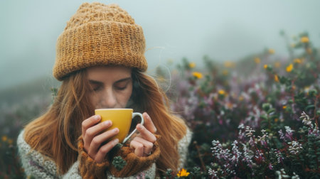 A woman in a knitted hat drinking from her cup, AIの素材