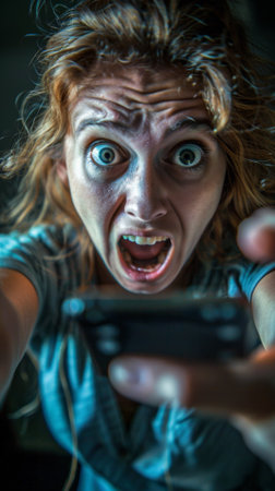 A woman holding a cell phone in her hand with an angry look on her face, AIの素材
