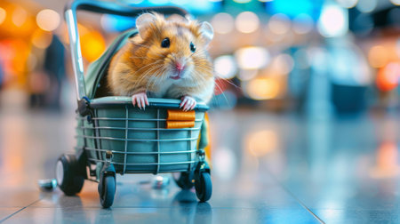 A hamster in a shopping cart with its head sticking out, AIの素材