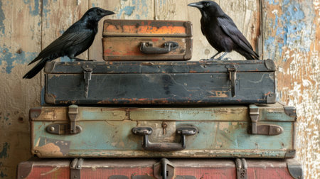 A group of three birds sitting on top of a stack of suitcases, AIの素材