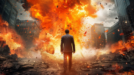 A man in a suit walking through an explosion of fire, AIの素材