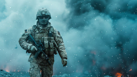 A soldier in a military uniform walking through smoke and fire, AIの素材