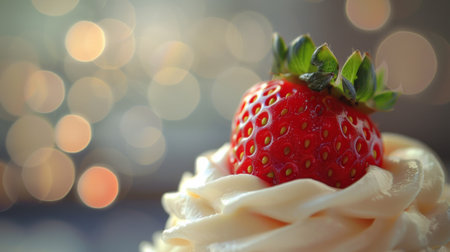 A close up of a strawberry on top of whipped cream, AIの素材
