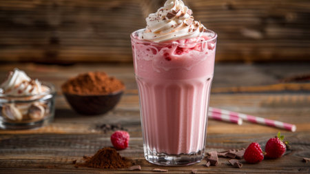 A glass of a milkshake with whipped cream and strawberries on top, AIの素材