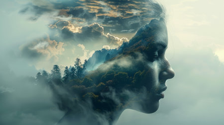 A womans face with a mountain and clouds in the background, AIの素材