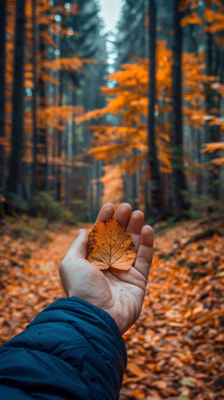 A person holding a leaf in their hand with trees behind them, AIの素材
