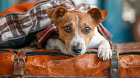 A dog laying on top of a piece of luggage with its head poking out, AIの素材