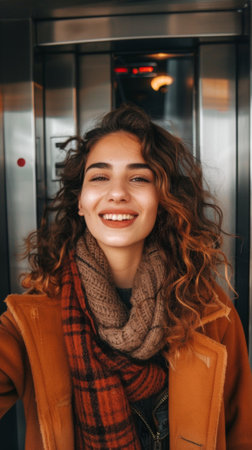 A woman in a scarf and coat standing next to an elevator, AIの素材