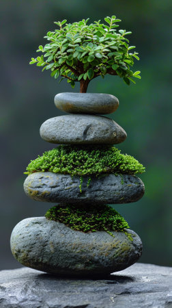 A tree is growing on top of rocks in a garden, AIの素材