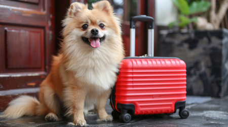 A small dog sitting next to a red suitcase on the floor, AIの素材