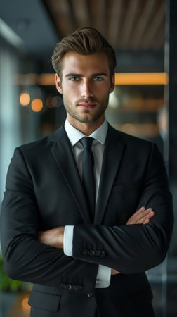 A man in a suit with his arms crossed standing, AIの素材