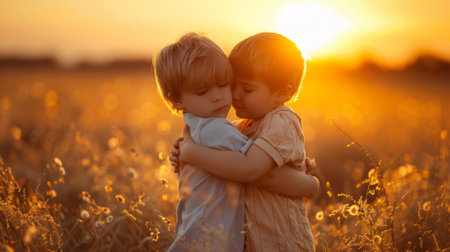 Two young boys hugging each other in a field at sunset, AIの素材