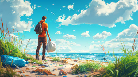 A man with backpack on the beach looking at trash, AIの素材