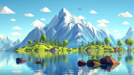 A low polygonal landscape of a mountain lake and trees, AIの素材