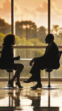 A man and woman sitting at a table in front of large windows, AIの素材