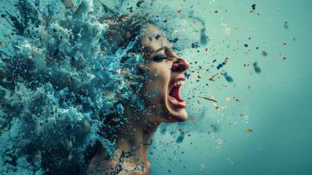 A woman with her mouth open and water splashing out of it, AIの素材
