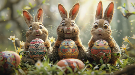 Three rabbits sitting on a grassy field with easter eggs, AIの素材