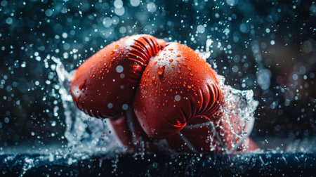 A pair of red boxing gloves are splashing in the water, AIの素材