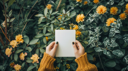 A person holding a blank piece of paper in front of flowers, AIの素材