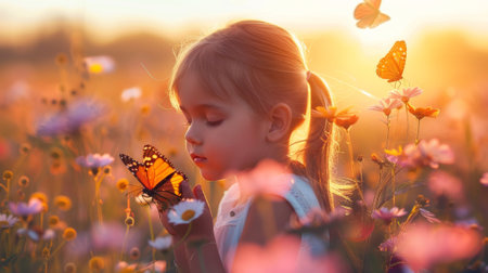 A little girl holding a butterfly in her hand while sitting on the ground, AIの素材