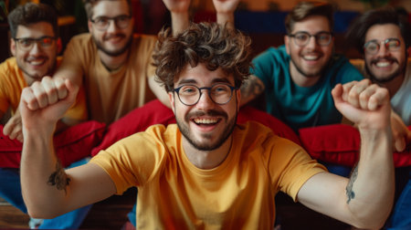 A group of a man with glasses and yellow shirt sitting on the couch, AIの素材