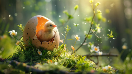 A chick is sitting in a broken egg shell on the grass, AIの素材