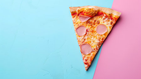 A slice of pizza on a pink and blue background with toppings, AIの素材